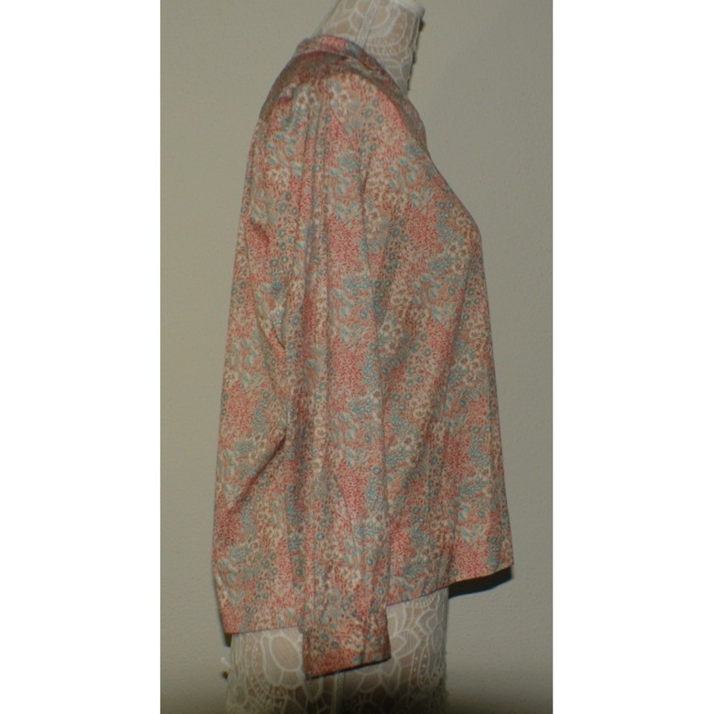 Vintage Ditsy Floral Long Sleeve Blouse Split Neck Coral Teal Top - Picture 5 of 5